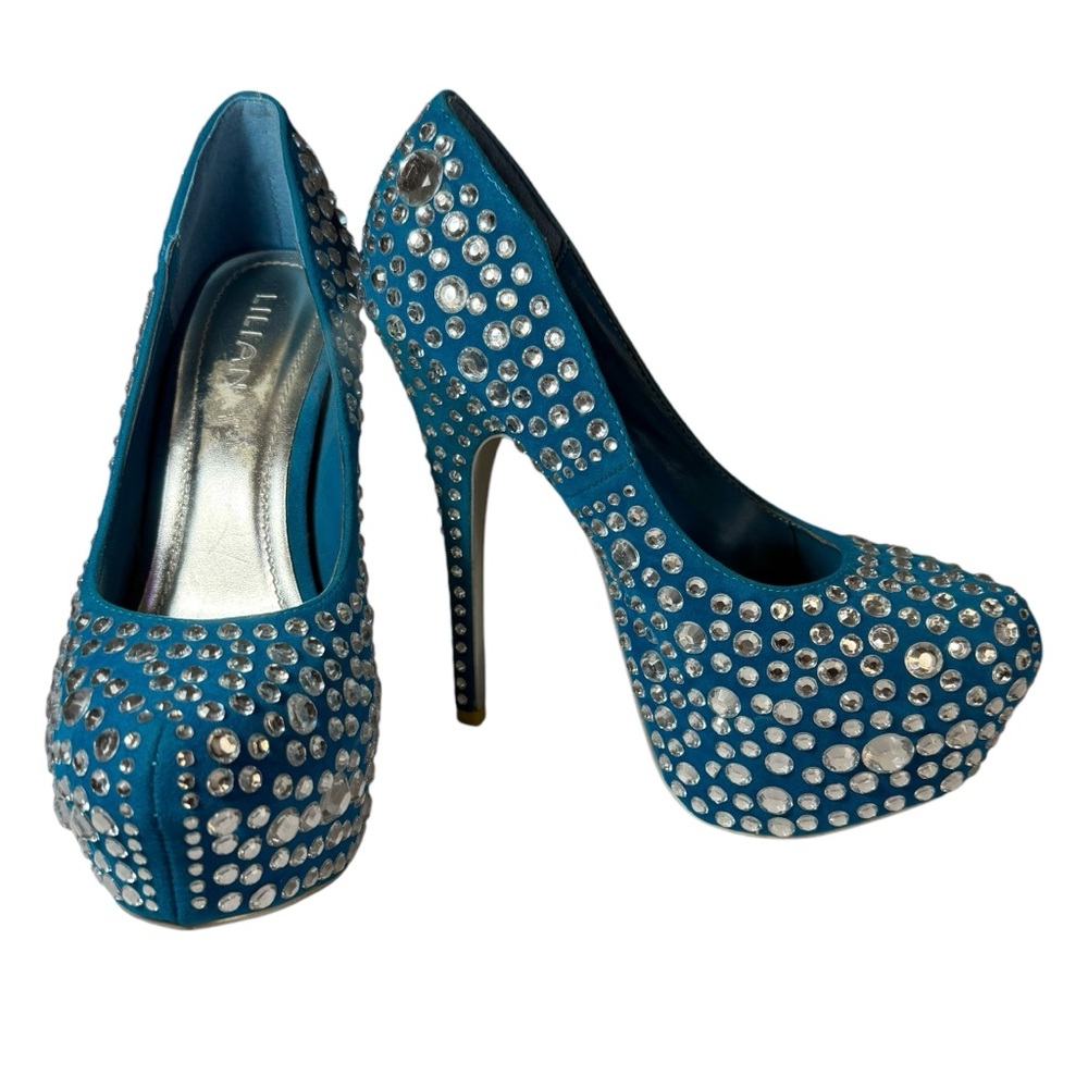 LILIANA BRAND RHINESTONE COVERED CARIBBEAN BLUE PLATFORM STILETTO HEELS